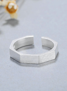 时尚个性螺帽菱形戒指韩版简约素银拉丝几何多边形开口戒指环饰品