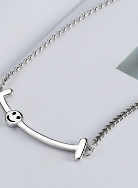 新款韩版不对称可爱微笑项链女时尚个性复古小众双t笑脸锁骨链潮
