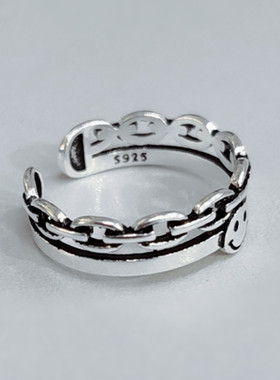 潮人复古双层锁链戒指女韩版个性做旧泰银笑脸开口戒指首饰品