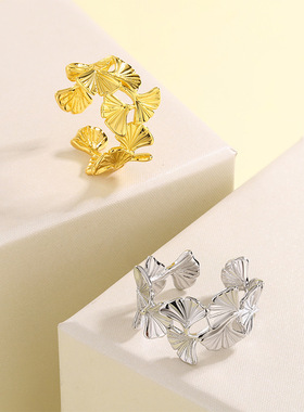 新款日韩小众时尚银杏叶开口戒指轻奢感秋冬气质高级感树叶指环