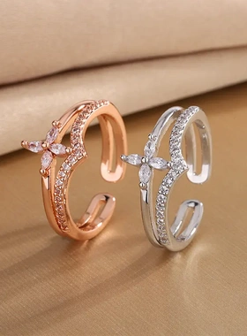 2025新款韩版时尚甜美镶钻四瓣花戒指女气质双层简约轻奢镂空指环