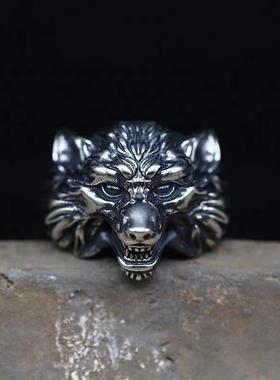新品复古新品精雕狼头戒指男泰银孤傲霸气个性圈口可调节戒指环
