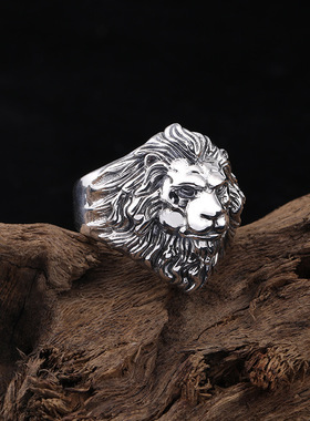 新品欧美霸气百兽王狮子开口男戒指泰银复古指环宽面动物潮流男