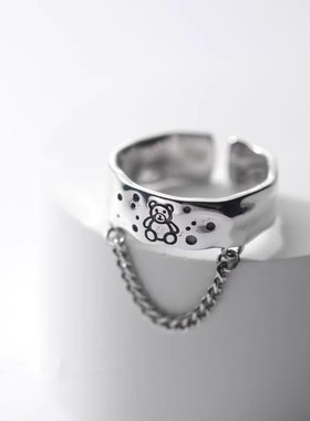 01311韩系复古做旧可爱小熊链条指环女款个性气质设计感开口饰品