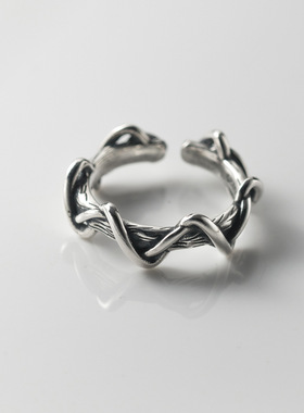新品韩版气质复古波浪风泰银线条交织戒指线条交叉个性波浪指环