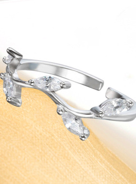 时尚个性镶钻树叶开口戒指女士简约文艺橄榄树锆石叶子指环手饰品