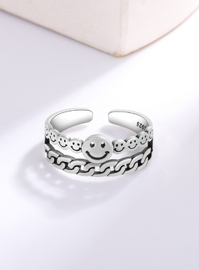 韩版复古做旧双层锁链戒指女时尚个性森系小巧泰银笑脸戒指环饰品