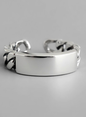 新品欧美复古戒指泰银做旧长方条指环平面光身锁链戒指开口可调戒