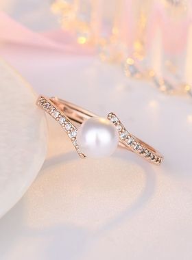 新款森系气质镶钻V字珍珠戒指甜美小清新感日系轻奢食指戒女戒指