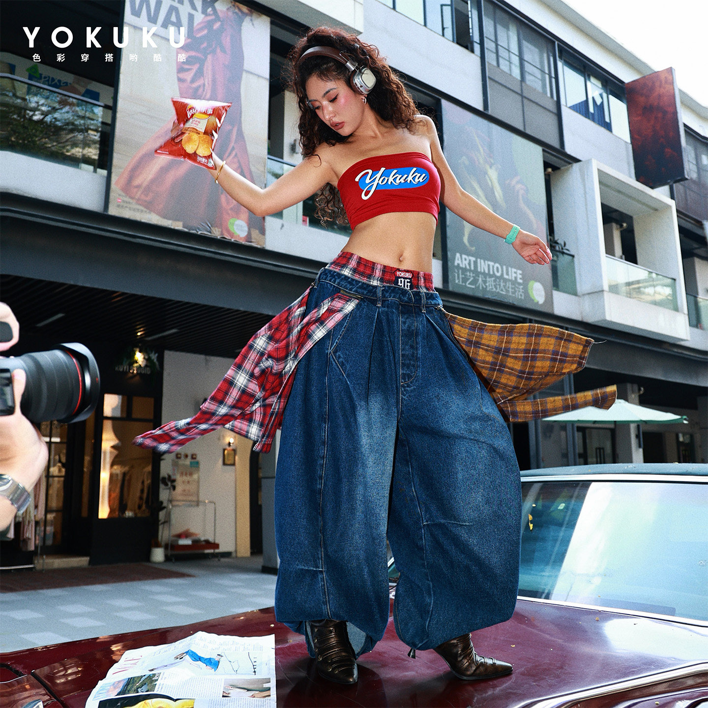 哟酷酷美式复古撞色拼接牛仔裤