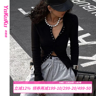 秋季 长袖 新品 百搭上衣女显瘦欧风按扣露脐开衫 女 洋气修身 哟酷酷