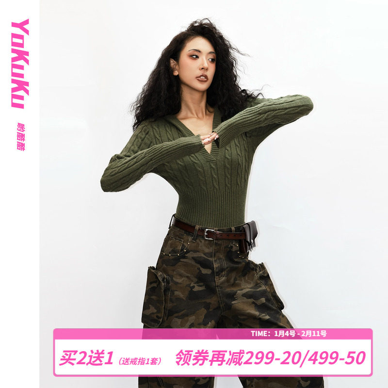哟酷酷（探险家联盟）美式复古纯色保暖深V连帽麻花针织套头毛衣,女装/女士精品,毛衣,淘宝优惠券,粉丝福利购,淘宝优惠卷
