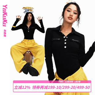 显瘦纽扣翻领长袖 哟酷酷 复古上衣百搭修身 美式 T恤女 时髦黑客