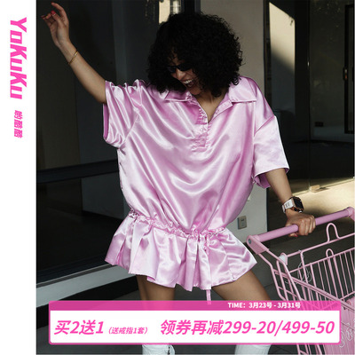 哟酷酷小众缎面Polo领短袖T恤女