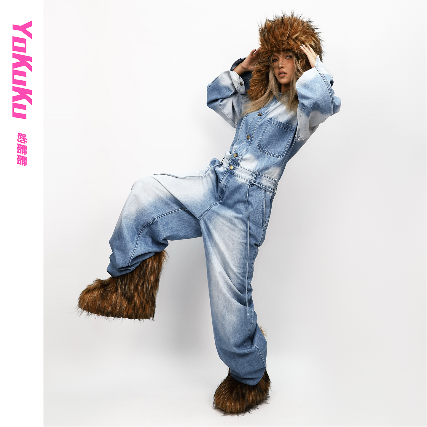 哟酷酷洗水渐变牛仔连体衣女