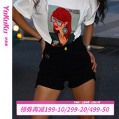 显瘦百搭刺绣牛仔短裤 哟酷酷 女 不规则圆弧热裤 修身 拒热 春夏季