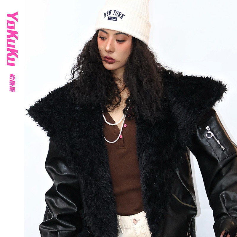 哟酷酷（富人区）冬季保暖西伯利亚复古大毛领皮夹克抗风外套女