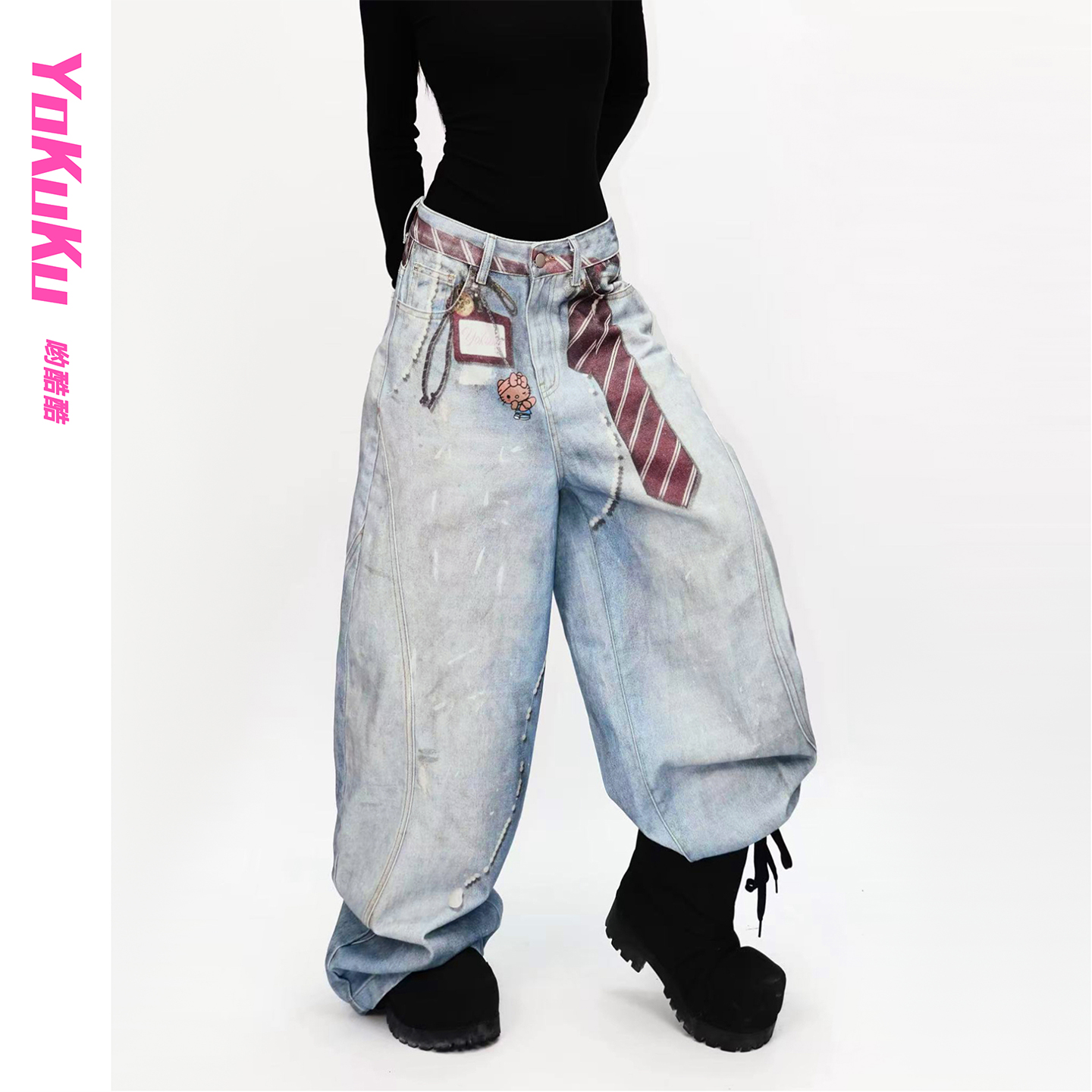 哟酷酷领带印花牛仔裤女