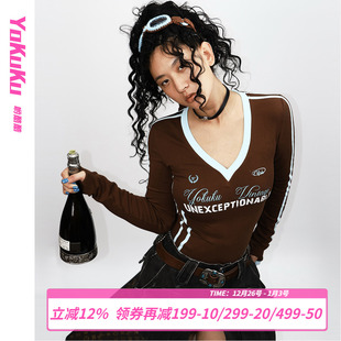 复古撞色字母印花上衣女显瘦V领长袖 美式 T恤女 旷野万岁 哟酷酷