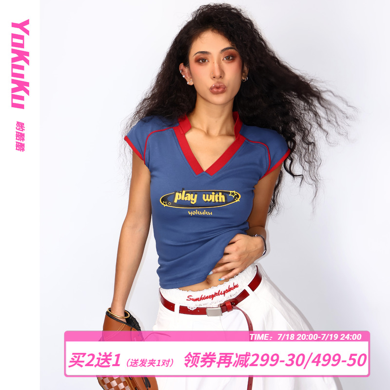 美式复古撞色短袖上衣T恤女
