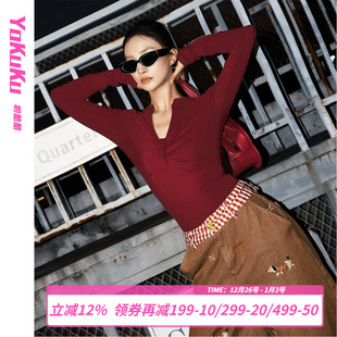 荒诞诗集 V领修身 美式 百搭上衣女长袖 显瘦T恤 复古时尚 哟酷酷