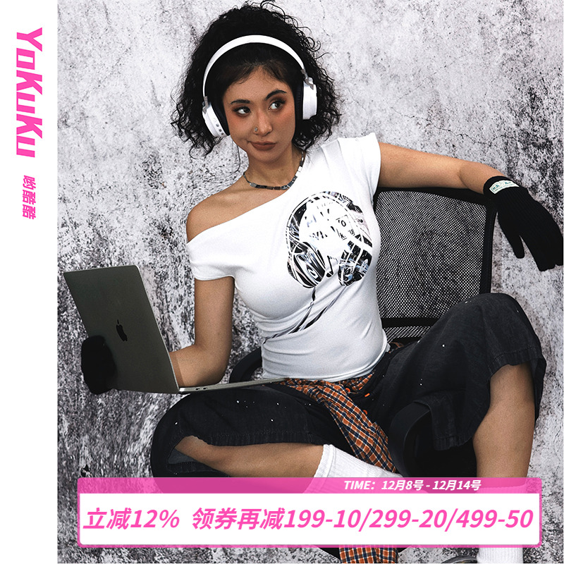 哟酷酷斜肩百搭短袖T恤女