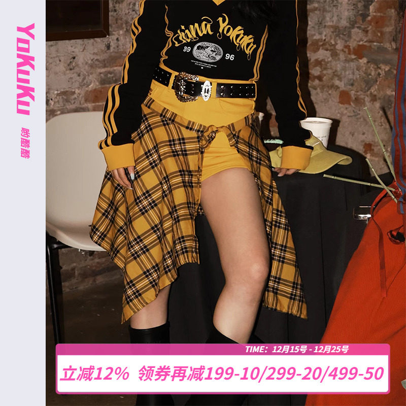 哟酷酷复古格子不规则半围裙腰封