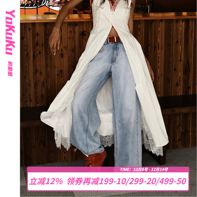 哟酷酷宽松直筒中低腰牛仔裤女