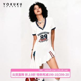 哟酷酷（爱在89）美式撞色不规则设计感连衣裙女字母短袖T恤裙子