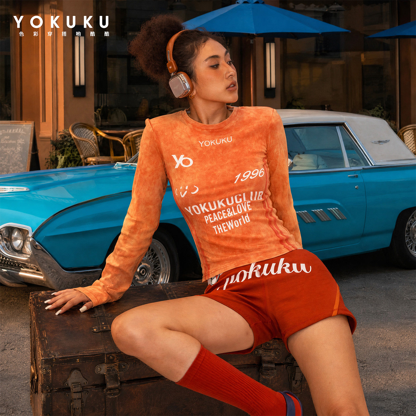 哟酷酷（漫天晚霞）秋季美式复古做旧上衣修身显瘦正肩长袖T恤女