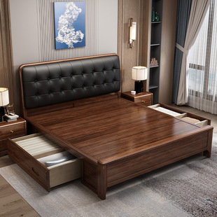 黑色实木软包床高级感轻奢床架家用卧室箱式床储物结婚的1米8大床