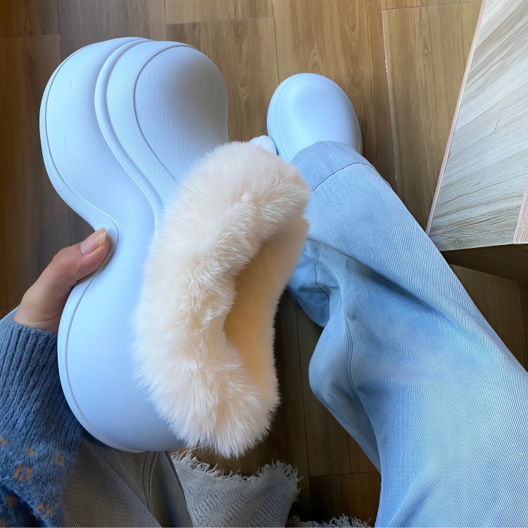 毛毛绒雪地靴厨师鞋冬季一脚蹬包跟增高棉鞋外穿防水防滑包头拖鞋