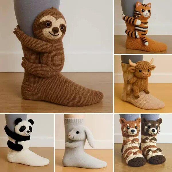 新款Animal Socks毛绒钩针动物袜子可爱动物运动袜冬季保暖地板袜