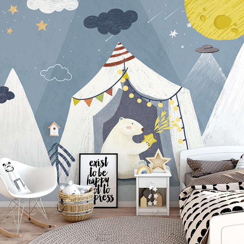 北欧儿童房壁纸男孩北极熊手绘壁画幼儿园卡通墙布卧室背景墙纸