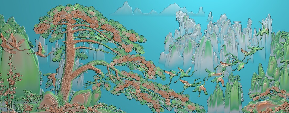 精雕图石雕图灰度图屏风挂屏壁画黄山迎客松精雕有线