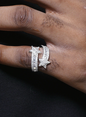 LUCKJAY S925纯银星环戒指开口可调节情侣对戒欧美嘻哈气质高级感