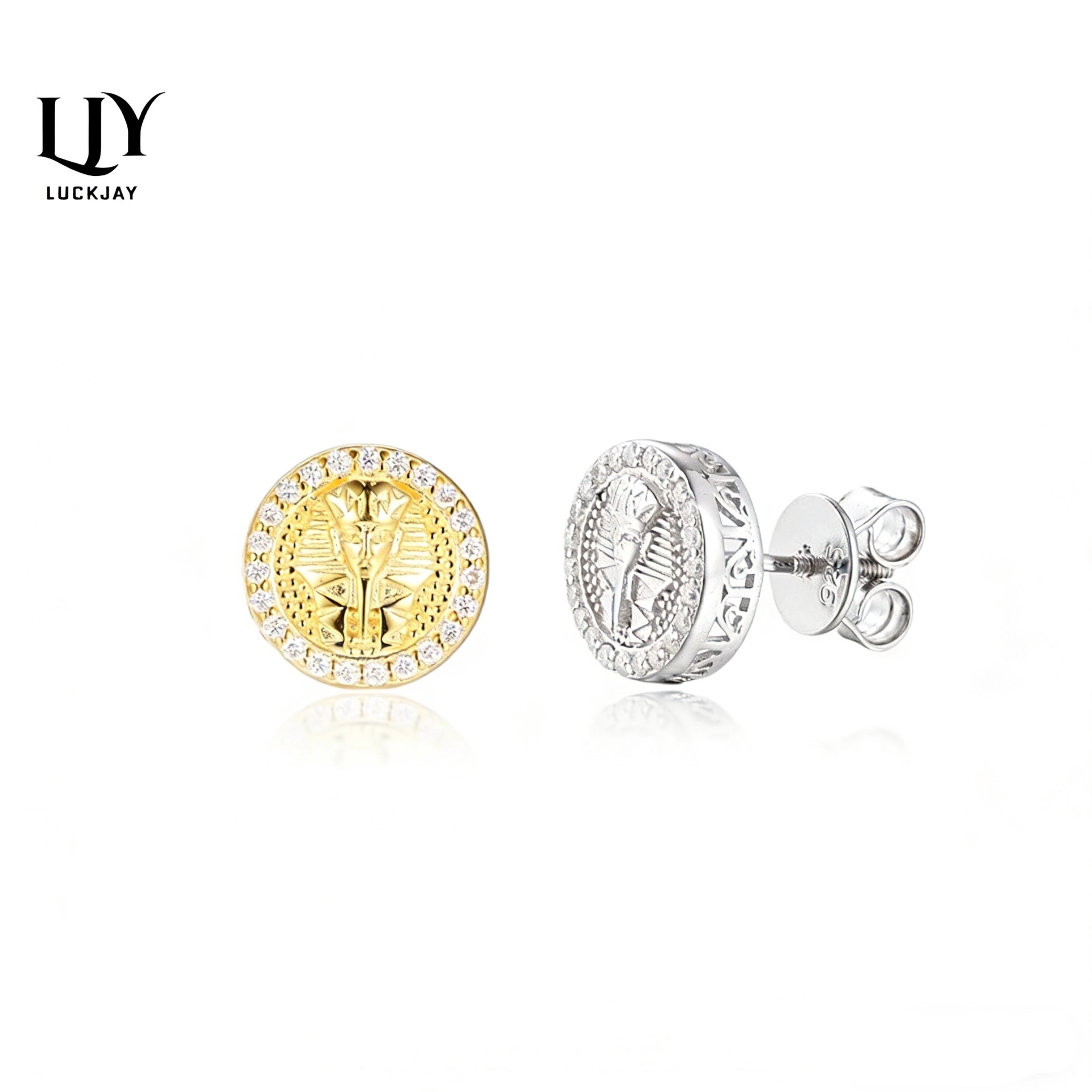 LUCKJAY法老耳钉S925纯银D色莫桑钻圆形满钻潮流百搭男女同款耳饰