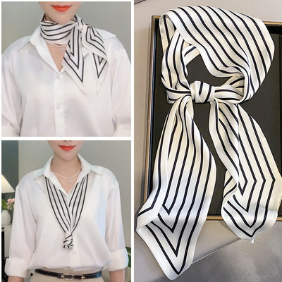 黑白气质条纹新款高级感长条形小丝巾女士细窄简约白色春夏季飘带