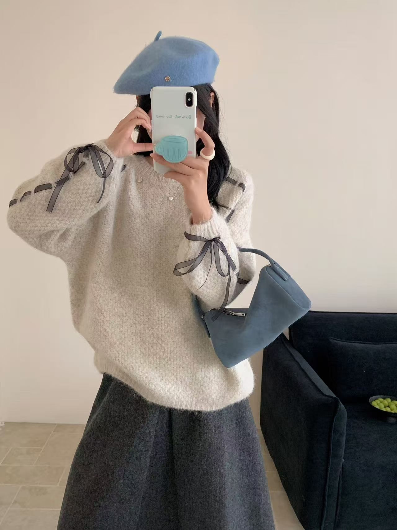 慵懒绑带毛衣蝴蝶结2025秋冬新款韩版圆领宽松显瘦套头上衣针织衫