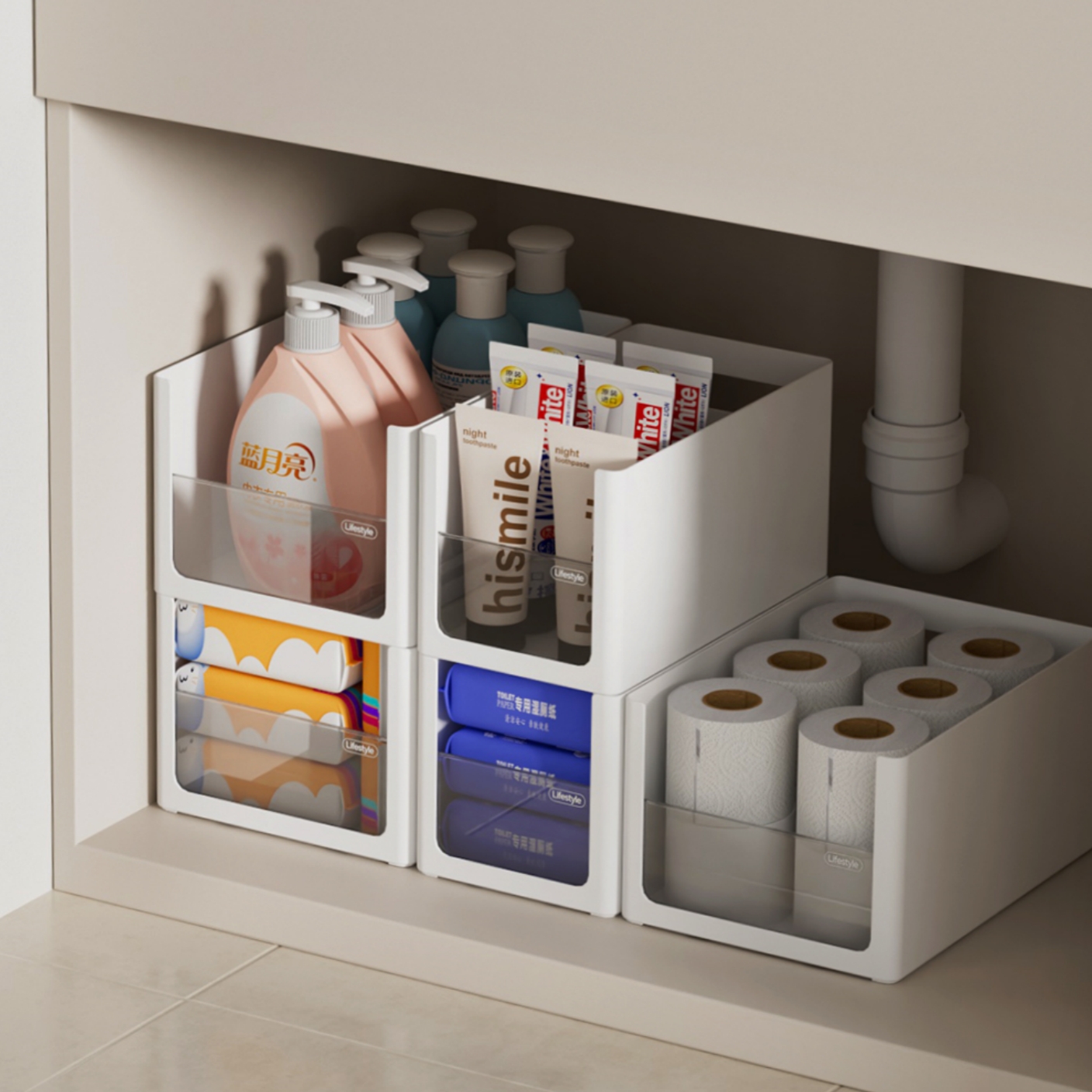 浴室洗手台下可叠加多层收纳盒