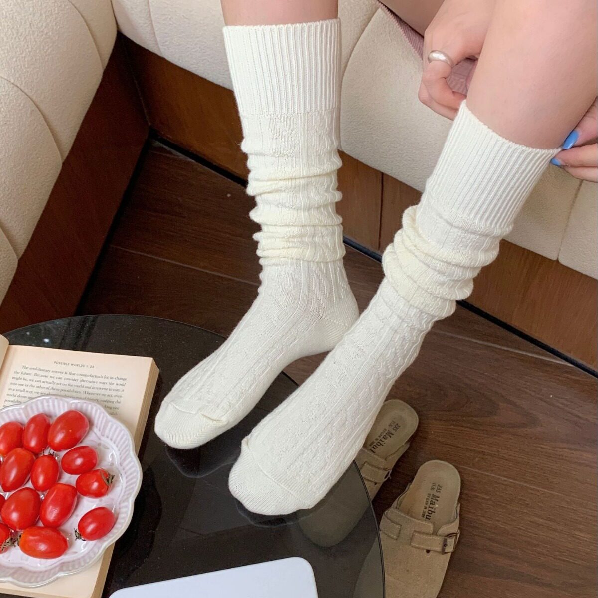 秋冬复古针织粗棉线麻花款小腿袜女百搭烟灰色奶白长筒袜堆堆