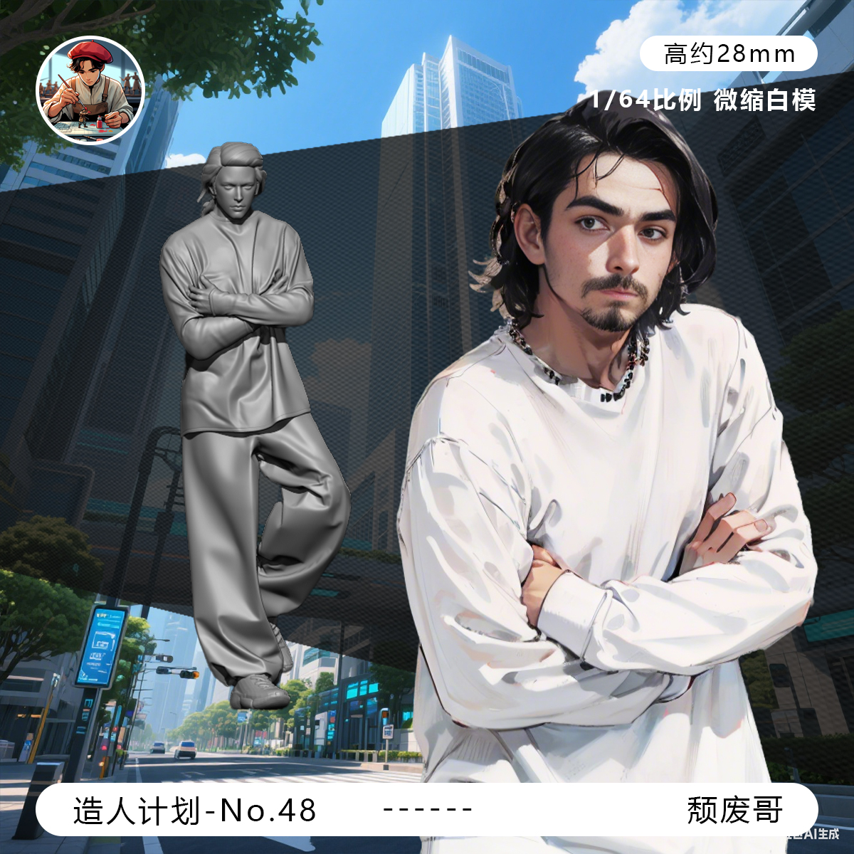 【颓废帅哥】街拍 日系 青年1/64车模小人偶模型手办1:43微缩白模