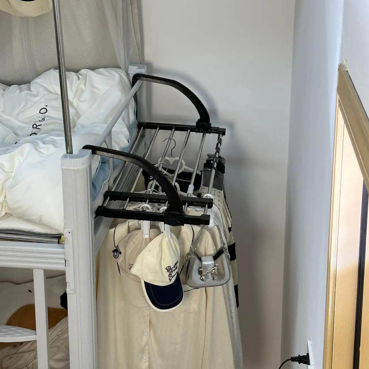 宿舍床边挂衣架寝室床尾衣物可伸缩置物架架免打孔多功能收纳架子