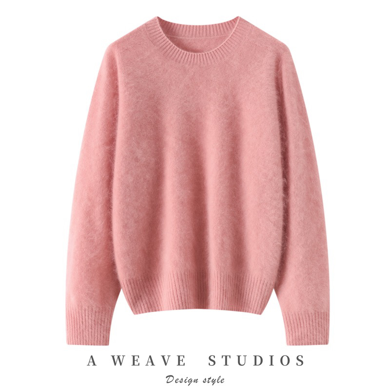 重磅加厚100%纯山羊拉绒衫女圆领宽松针织毛衣秋冬新款打底