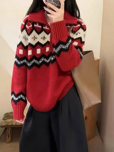 高领半拉链费尔岛提花纯100羊毛绒衫女欧货高端加厚秋冬红色毛衣