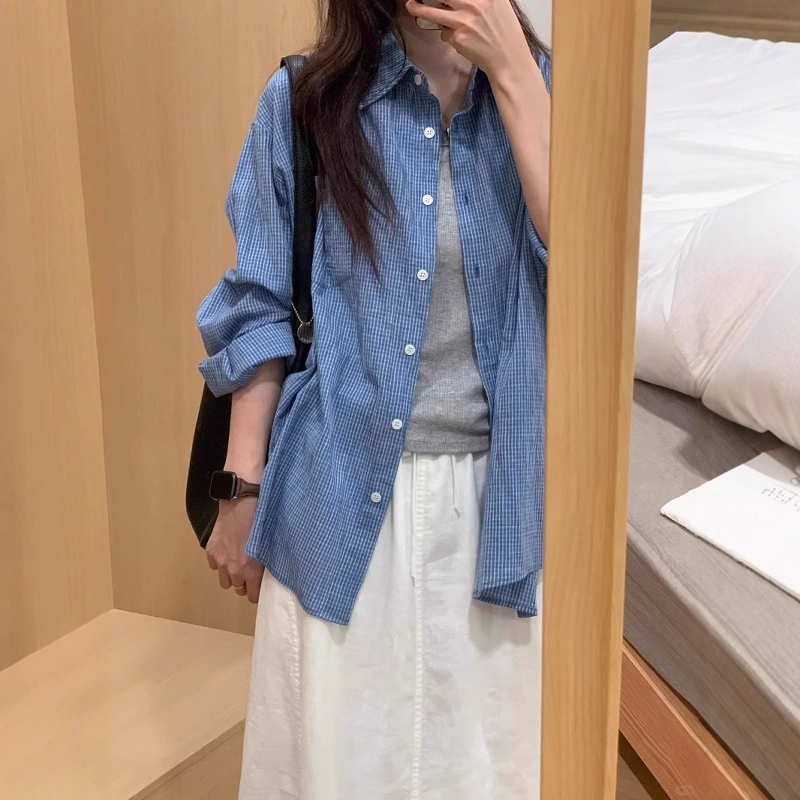 寻果蓝色细格纹长袖防晒衬衫女
