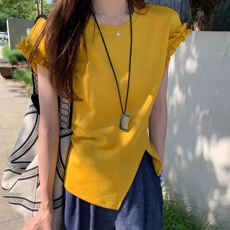 后背系带黄色短袖t恤女款2025新款爆款时尚洋气独特漂亮掐腰上衣