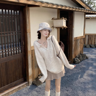 韩系氛围感杏色翻领长袖 女秋冬慵懒风宽松polo打底上衣 毛衣针织衫