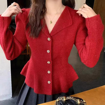 寻果2024秋冬翻领针织开衫女外套