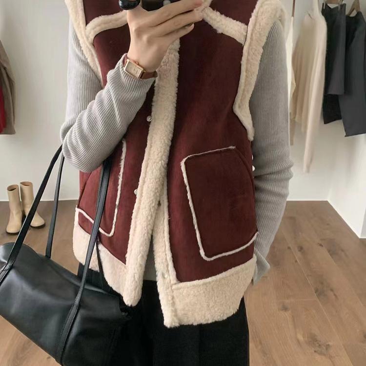 羊羔毛外套女2024秋冬新款坎肩鹿皮绒无袖马甲加绒加厚机车服上衣